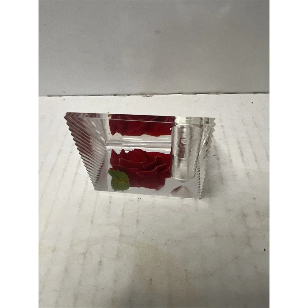 Vtg Bircraft Lucite & carved Red Rose PEN HOLDER 1950s